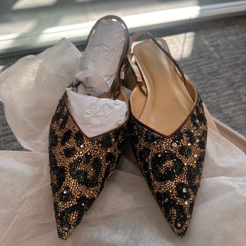 Betsey Johnson Gold and Black Embellished Leopard Mules